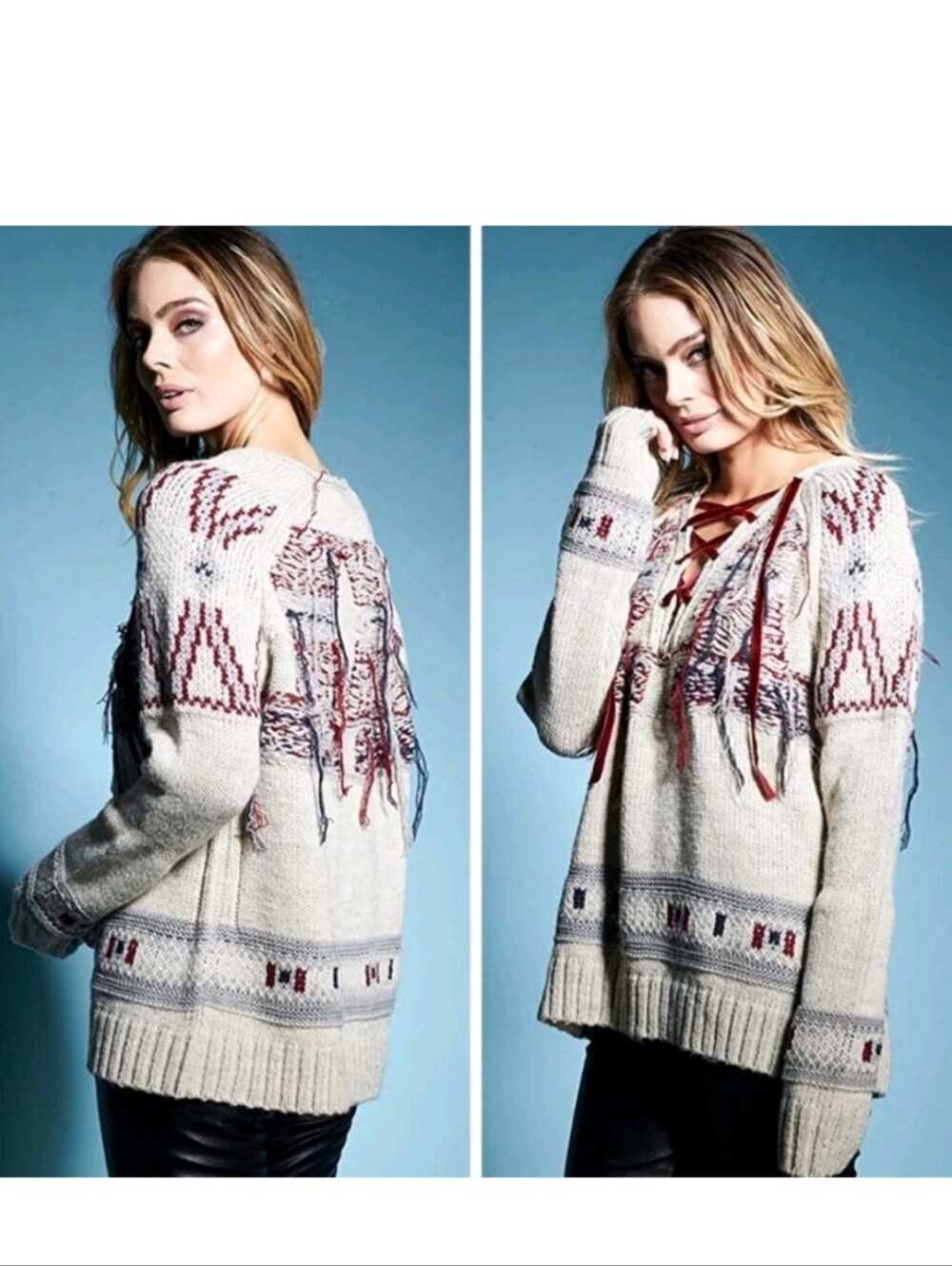 Gypsy 05 Milly Fringe Lace Up Sweater Pullover Alpaca Wool Grey Chunky XS Pink